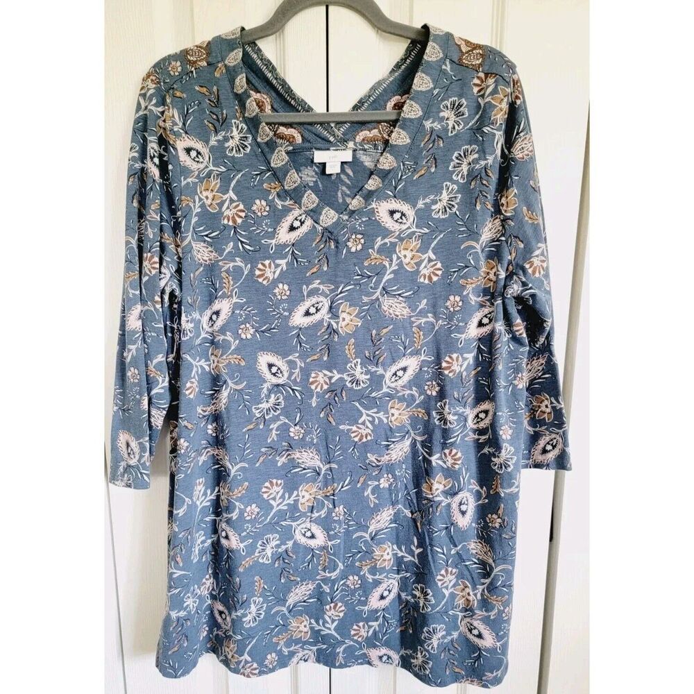 J. Jill L Blue Floral Double V Neck Stretch Casual Bohemian Tunic Shirt‎